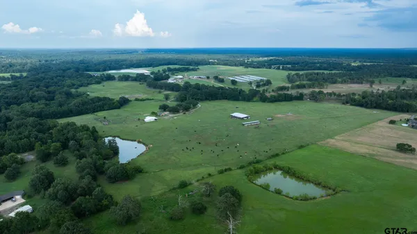 a view of a green yard with a lake view