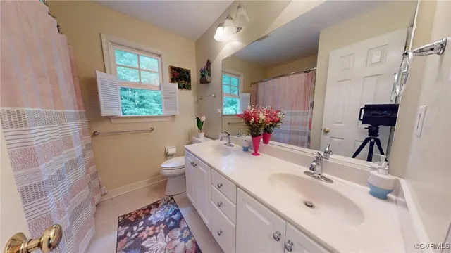 a bathroom with a double vanity sink toilet and a mirror