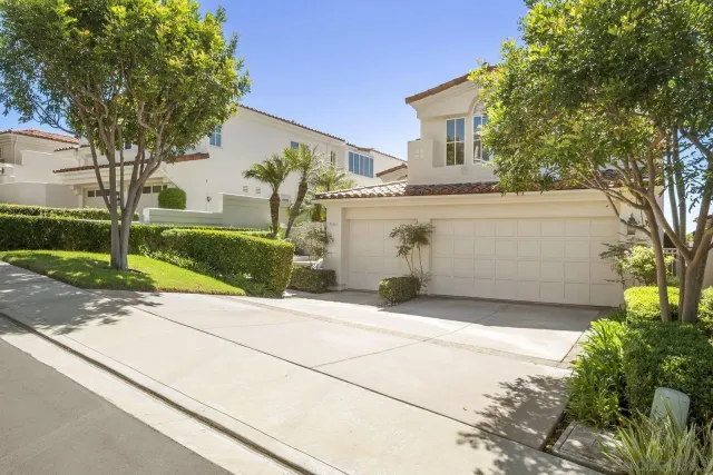 a view of a house with a yard and potted plants