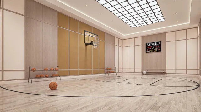 a view of a livingroom with basketball court