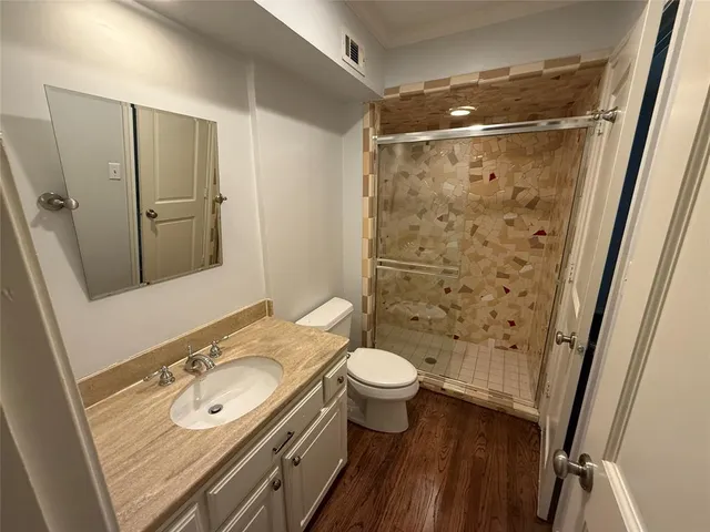 a bathroom with a sink a toilet a mirror and shower