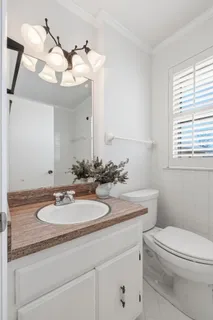 a bathroom with a sink a toilet and mirror