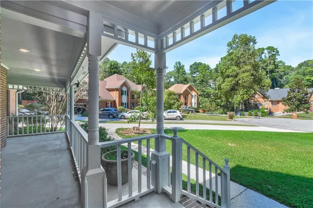 a view of a building from a porch