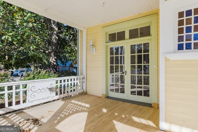 a view of a backyard with plants and large trees