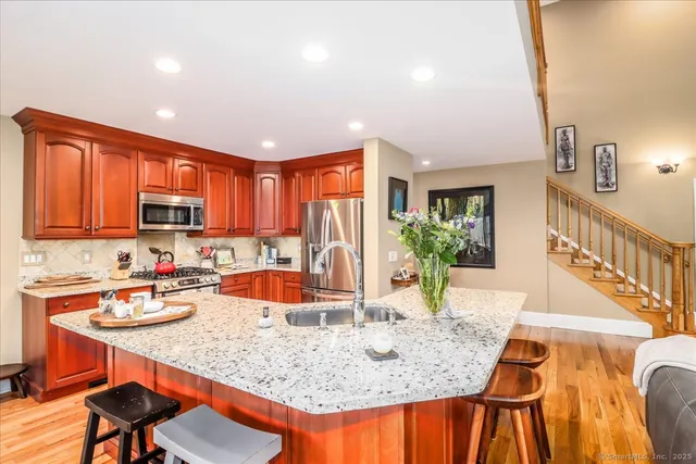 a kitchen with stainless steel appliances granite countertop a sink and a refrigerator