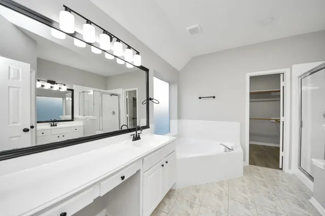 a bathroom with a tub a double vanity sink and mirror