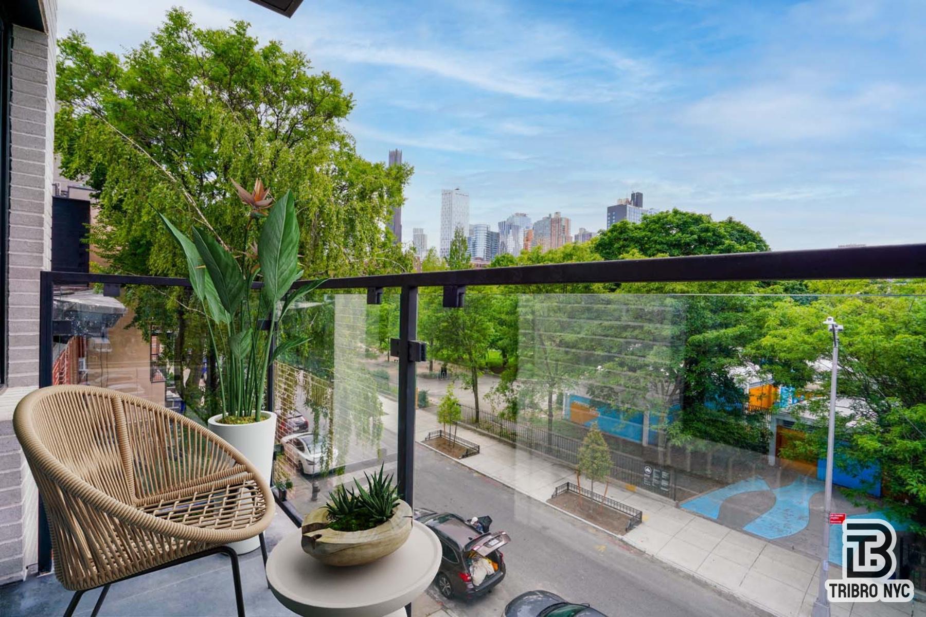 a view of a balcony with chair and potted plants