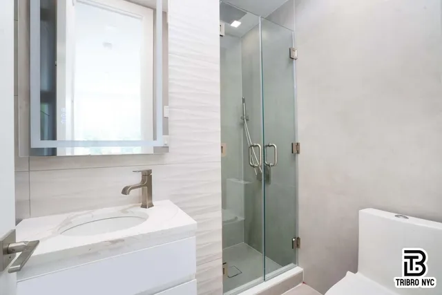 a bathroom with a sink a toilet and shower