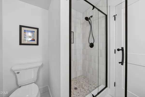 a bathroom with a shower and toilet