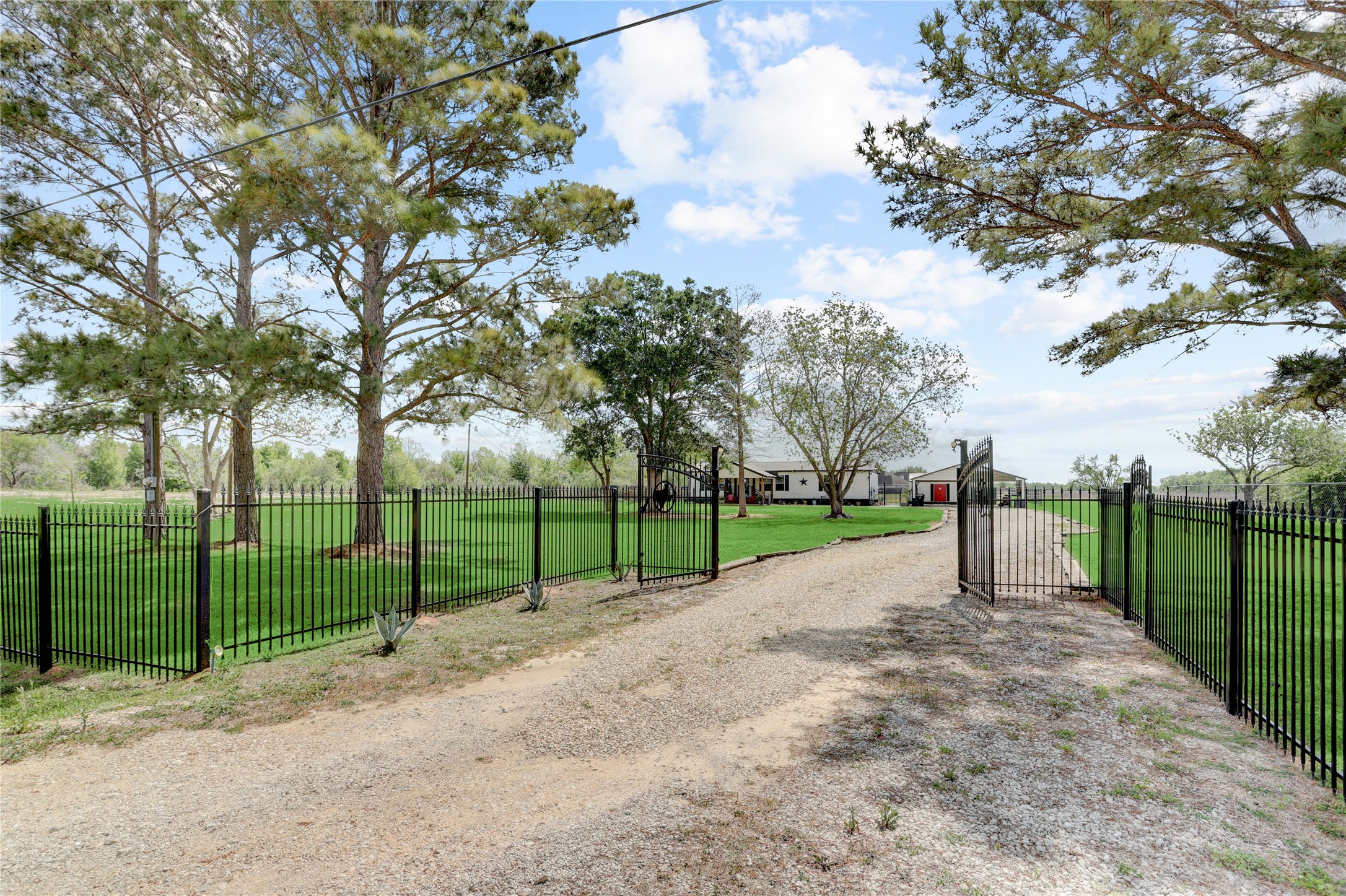 2811 Pisces Street Rosenberg, TX 77469 - Photo 3 of 34 A charming country property with a spacious front yard, a gravel driveway, and a secure black metal fence surrounded by trees, offering a peaceful, private setting.