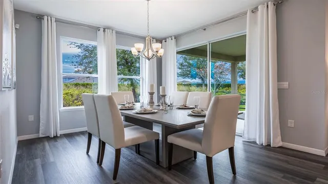 a view of a dining room with furniture window and wooden floor