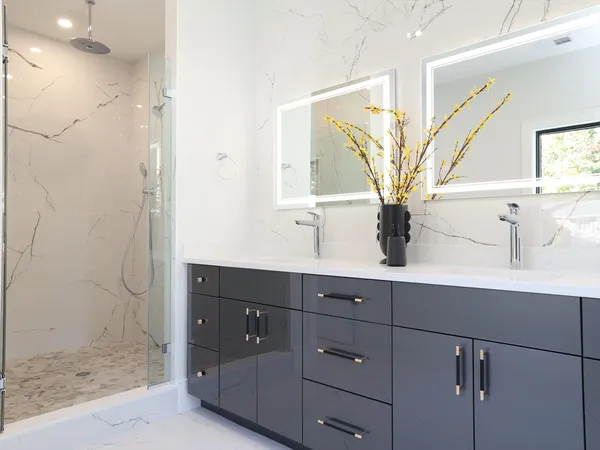 a bathroom with a sink a mirror and a shower