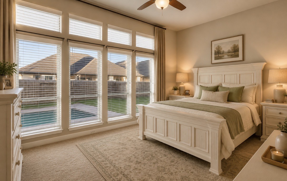 17467 Bayflower Conroe, TX 77385 - Photo 17 of 38 virtually staged primary bedroom, view of the pool