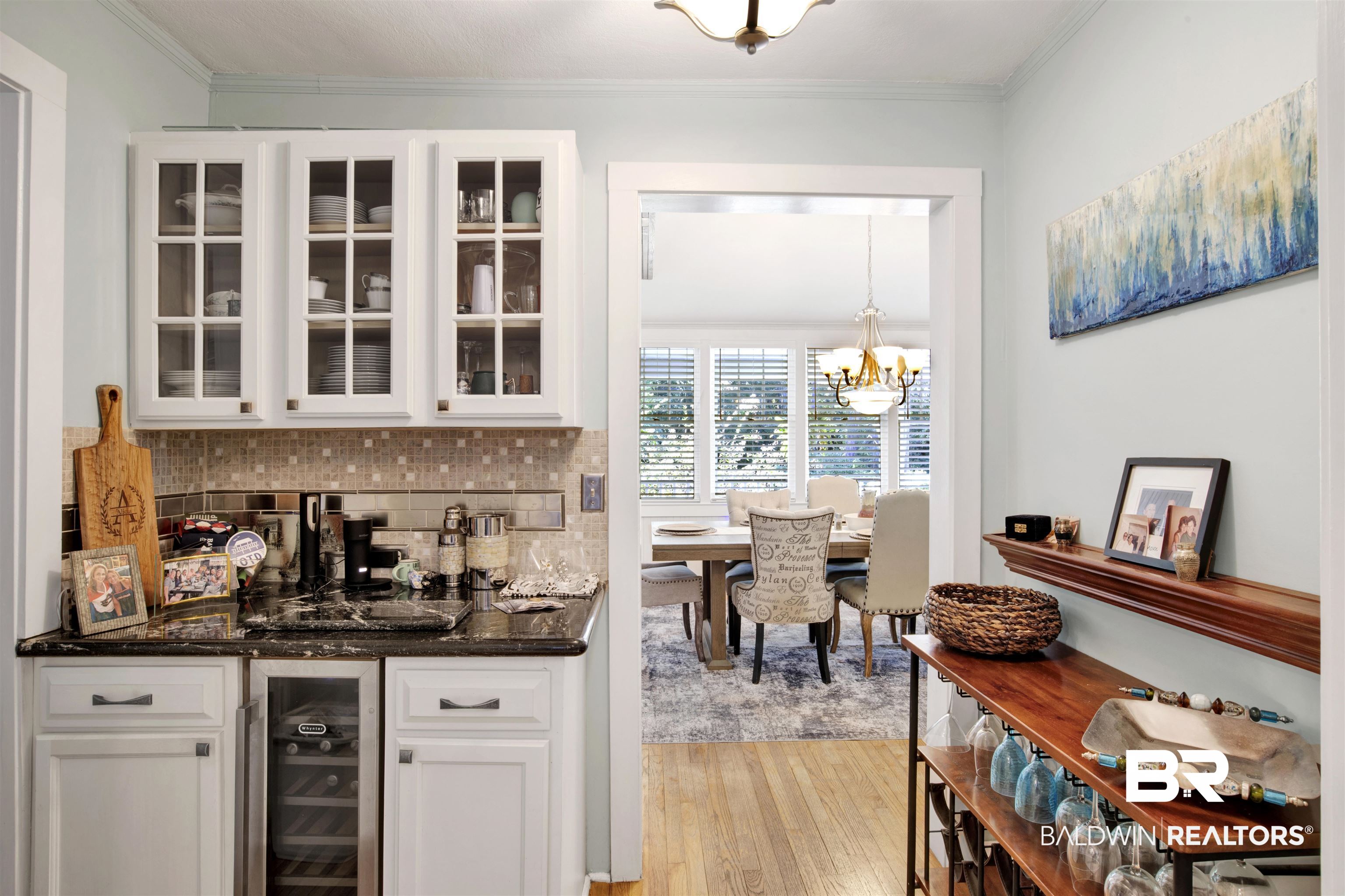 605 Van Avenue Daphne, AL 36526 - Photo 12 of 37 Bar featuring wine cooler, crown molding, white cabinetry, and light wood-type flooring