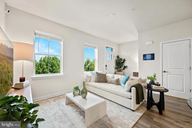 a living room with furniture plant and a window