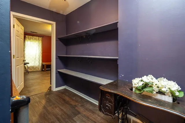 a room with painting on the wall and a potted plant