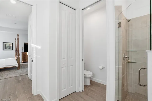 a bathroom with a shower and a toilet