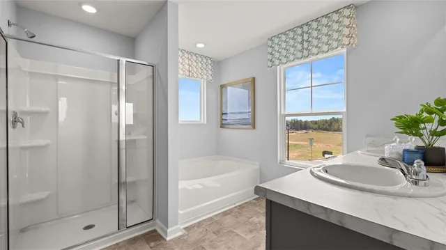 a bathroom with a sink a mirror and a shower