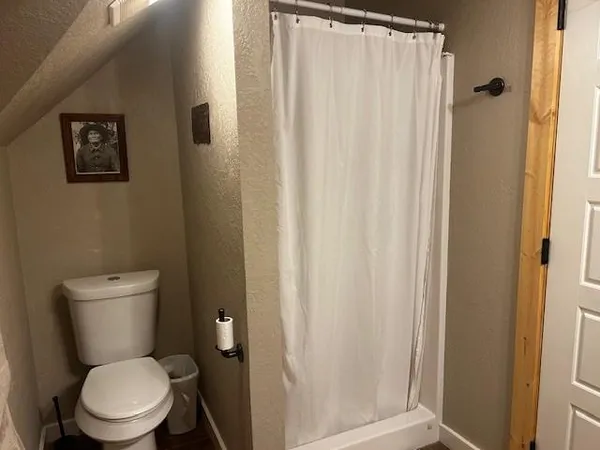 a white toilet sitting next to a shower