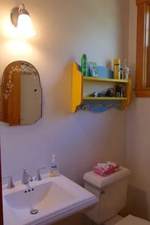 a bathroom with a sink mirror and vanity