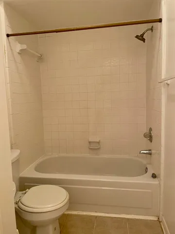 a bathroom with a shower and a toilet