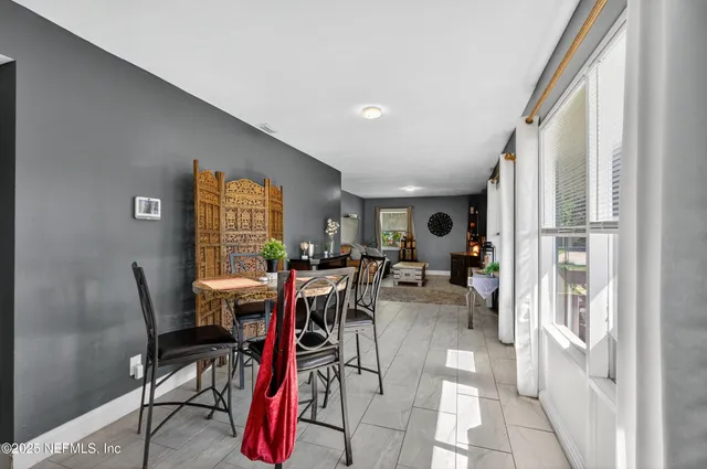 a view of a dining room with furniture window and outside view