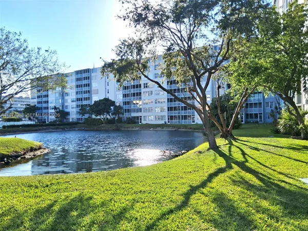 a view of a lake with a building