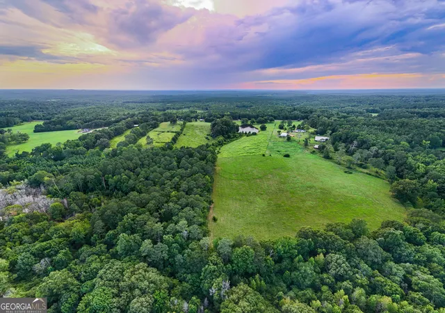an aerial view of a houses with outdoor space and trees all around