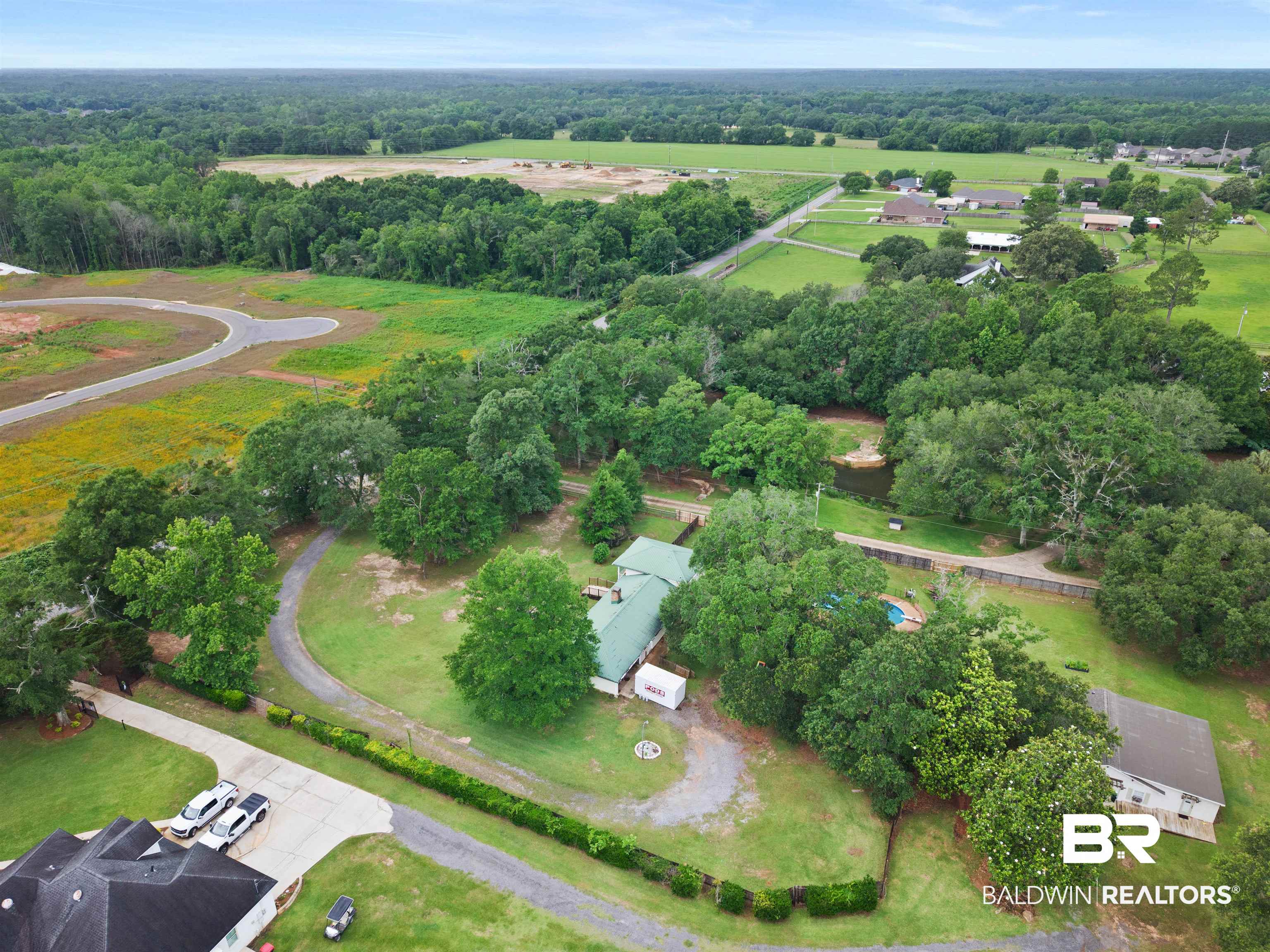 10420 Johnson Road South Mobile, AL 36695 - Photo 69 of 75 Expansive property featuring a verdant landscape, mature tree coverage, a private driveway, and a visible swimming pool