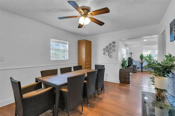 a view of a dining room with furniture