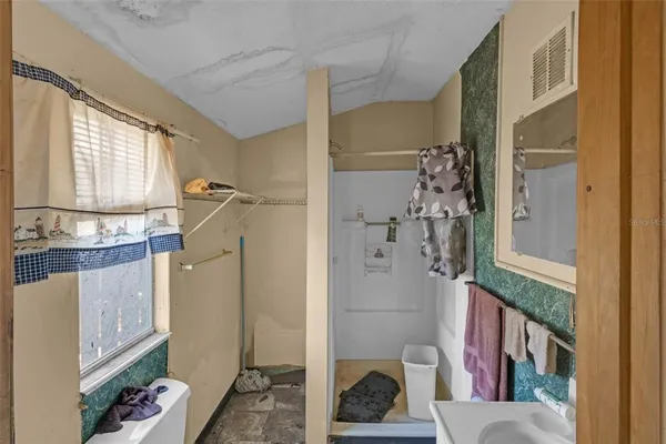 a view of a garden with a slide