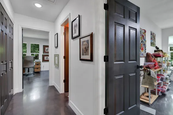 workspace with wooden floor windows and closet