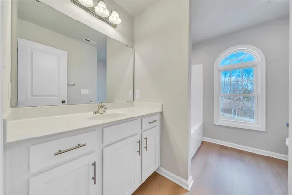a bathroom with 2 sink and a mirror