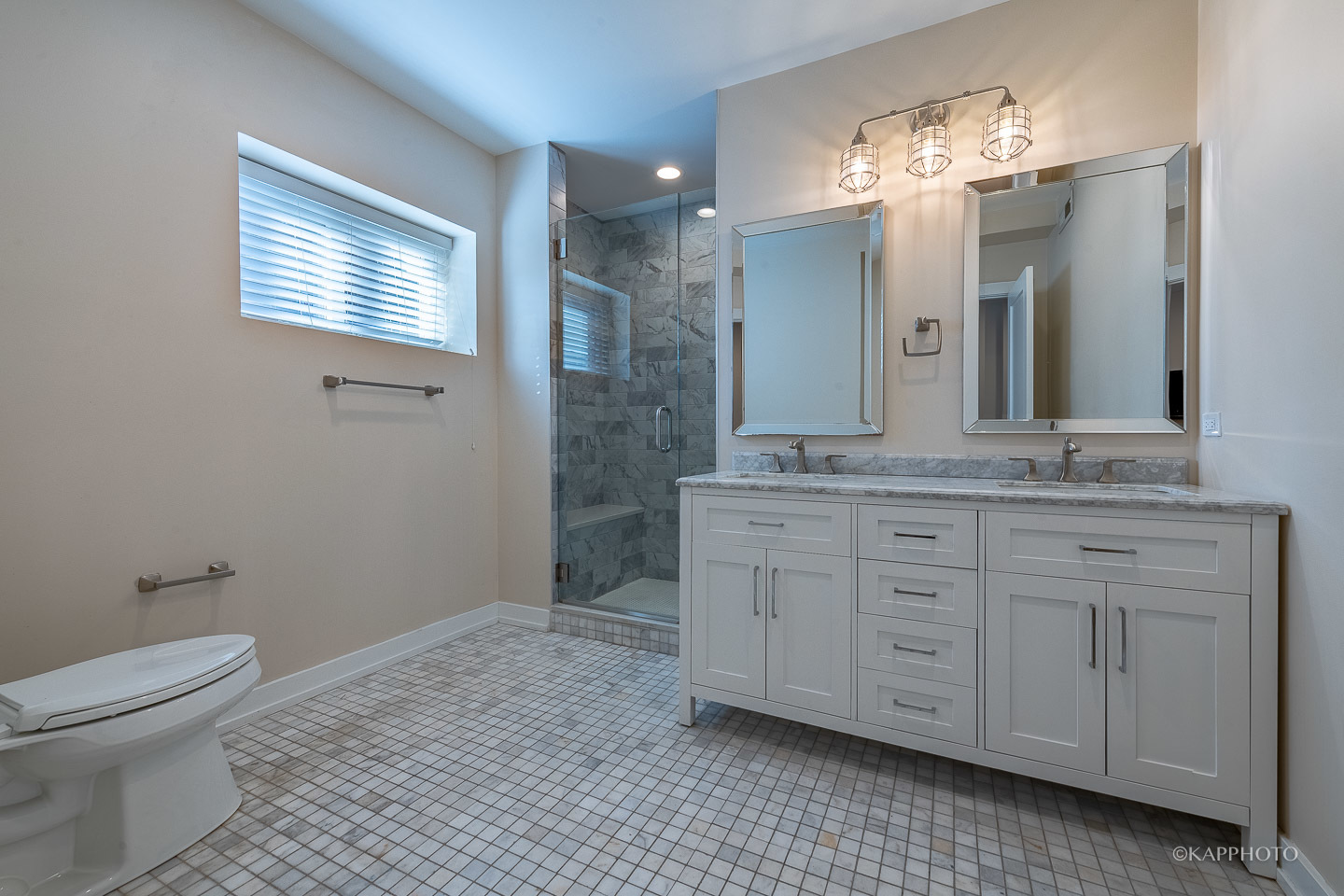 1141 West Madison Street, Unit 3 Chicago, IL 60607 - Photo 31 of 34 a bathroom with a granite countertop sink a toilet and a mirror
