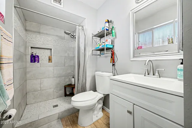 a bathroom with a sink a toilet and shower