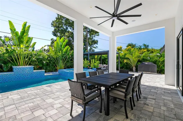 a view of a patio with a table chairs and a backyard