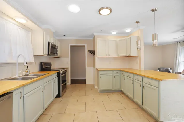 a kitchen with a sink a counter top space stainless steel appliances and cabinets