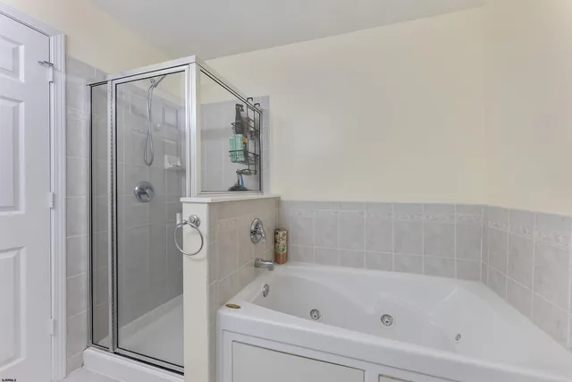 a bathroom with a bathtub and a shower