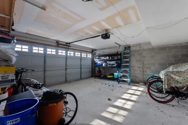 a view of a garage with storage