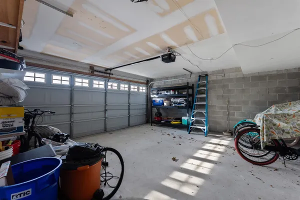 a view of a garage with storage
