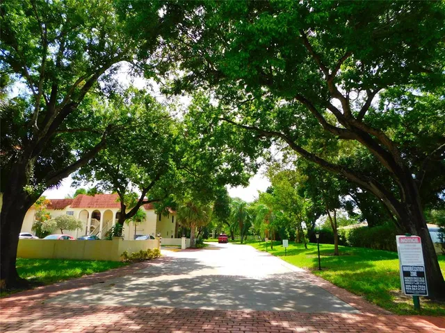 a view of a yard with plants and trees