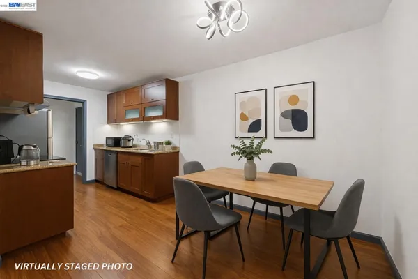 a view of a dining room with furniture