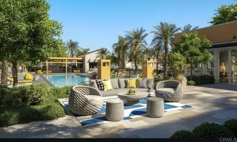 a outdoor living space with furniture and city view