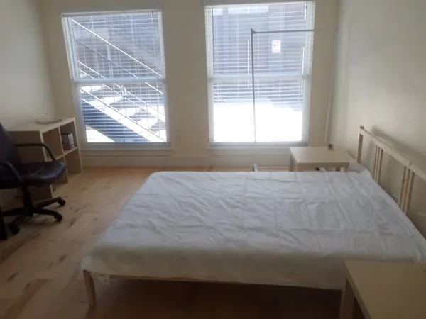 a bedroom with a bed and windows
