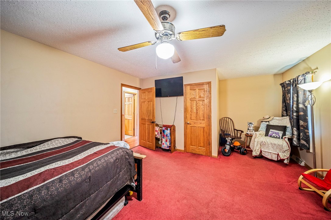 5050 Middle Road Conneaut, OH 44030 - Photo 24 of 35 Carpeted bedroom featuring a ceiling fan and a textured ceiling