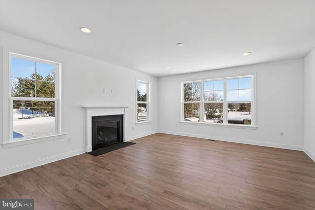 wooden floor fireplace and windows in an empty room