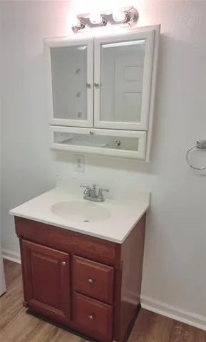 a bathroom with a sink and a mirror