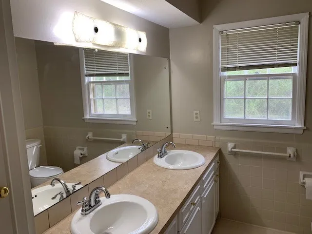 a bathroom with a sink double vanity and a toilet
