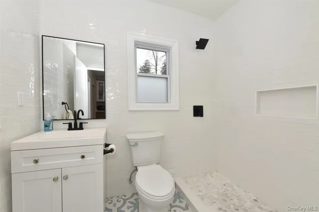 a bathroom with a toilet a sink a mirror and vanity