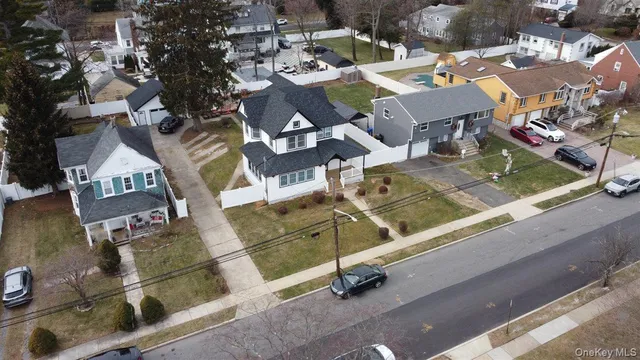 an aerial view of a swimming pool